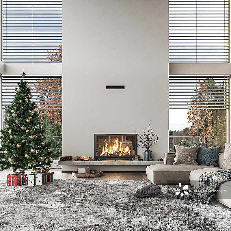 舒适奢华的现代客厅，配有大窗户、沙发、圣诞装饰和壁炉图片素材