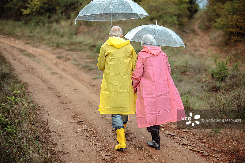 老夫妇在雨天里打着伞在户外散步图片素材