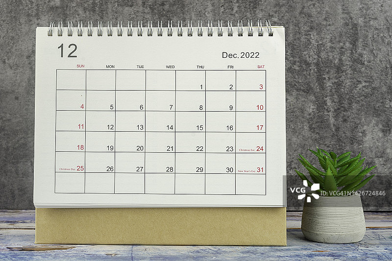 2022年12月桌面日历：组织者计划和截止日期，背景是混凝土墙上的室内植物图片素材