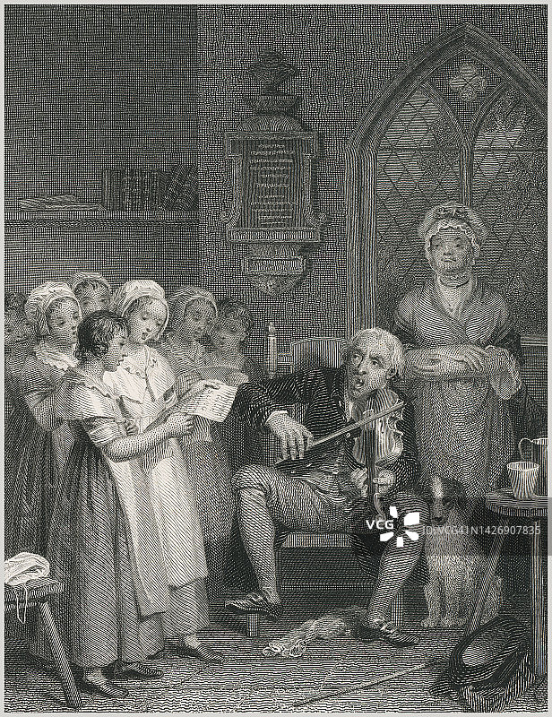 男子演奏小提琴，女孩们唱歌古老版画插图图片素材