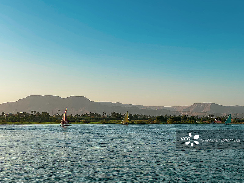埃及卢克索尼罗河日落时分的三角帆船图片素材