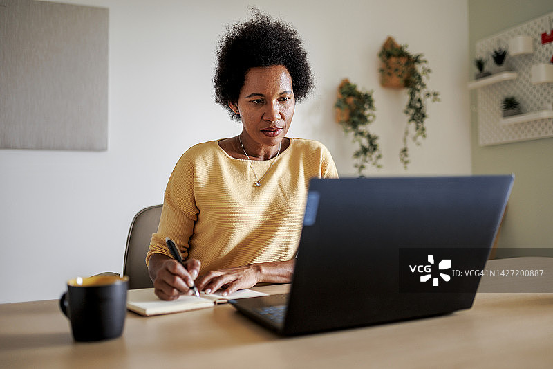 中年黑人妇女在家用笔记本电脑工作图片素材