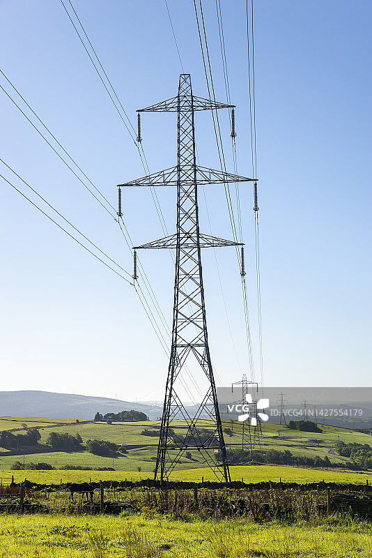 横跨英格兰北部的输电塔电力线图片素材