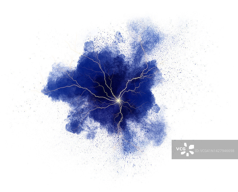 蓝色烟雾和闪电的电爆炸在白色背景上图片素材