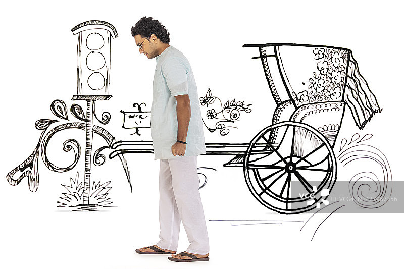 孟加拉年轻男子拉人力车的肖像图片素材