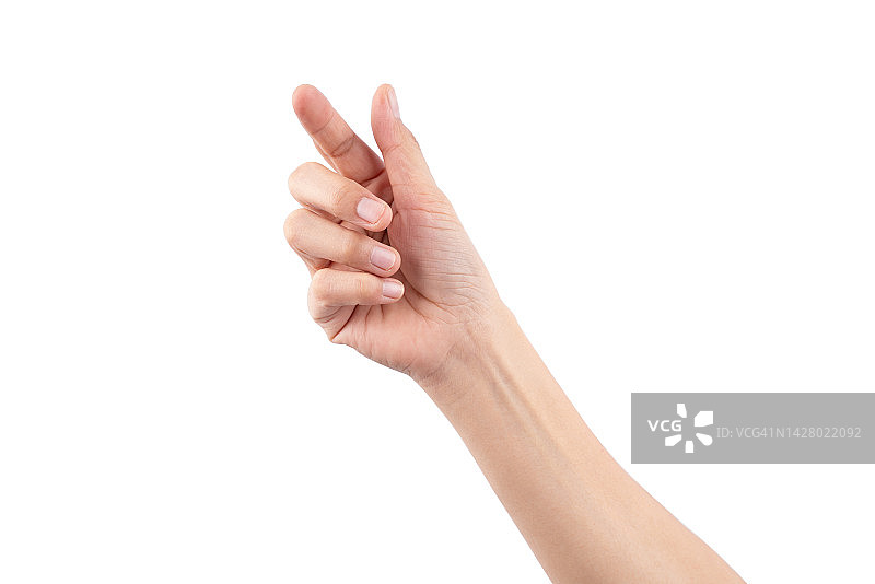 女人手在白色背景上拿着一张虚拟卡片图片素材