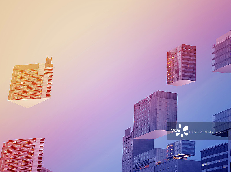 城市天际线与像3D拼图一样悬浮的积木图片素材