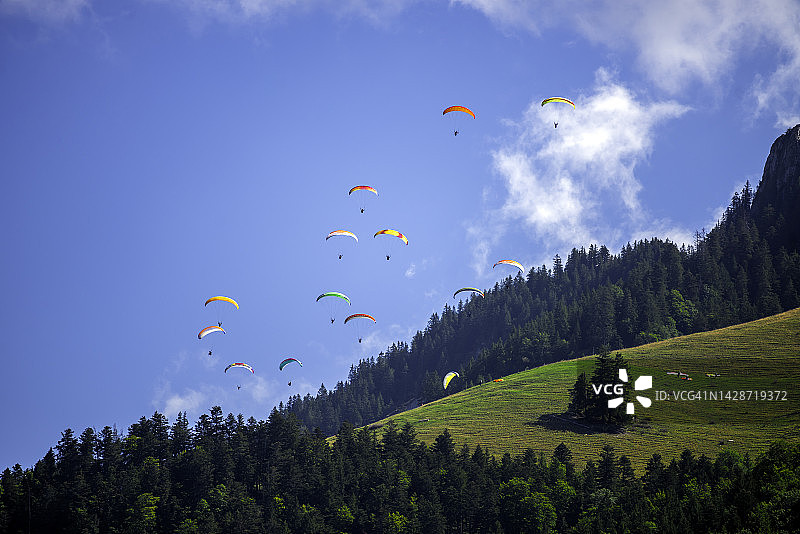 蓝天中的滑翔伞群图片素材