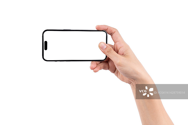 女性手持智能手机拍照，白色背景图片素材