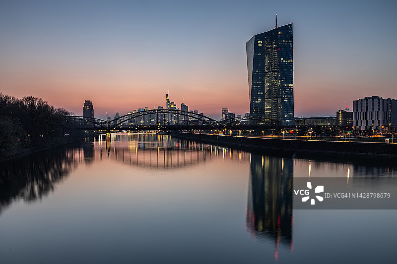 日落时分的欧洲央行大楼和法兰克福天际线（法兰克福/美因河，德国）图片素材