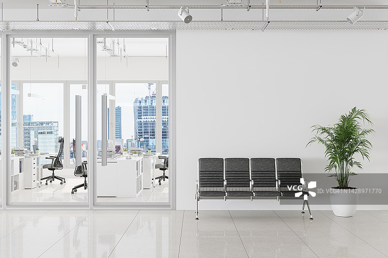 带候车室和城市景观背景的现代开放式办公室内部图片素材