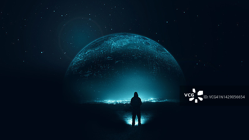 科幻概念：男子仰望夜空中发光的外星行星图片素材