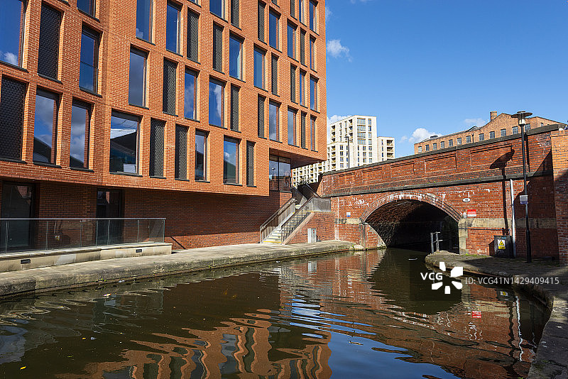 英国曼彻斯特罗奇代尔运河旁的现代建筑图片素材