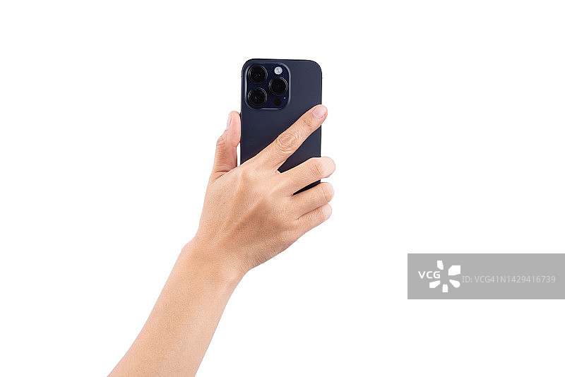 手持智能手机与爱人视频通话的女孩，用相机自拍（白色背景）图片素材