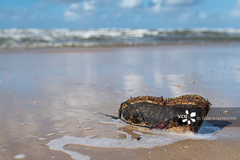 沙滩上被冲刷的鞋子图片素材