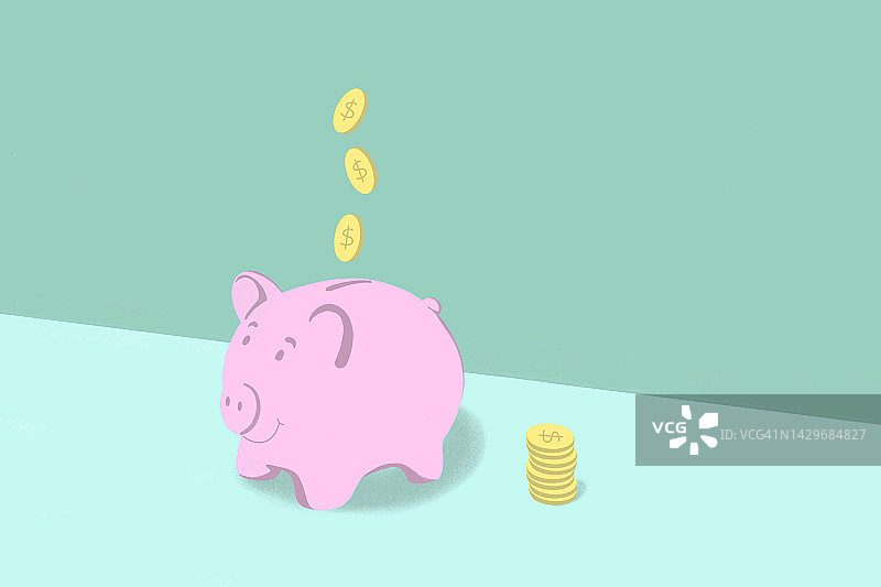 手工绘制的储蓄罐和金币插画图片素材