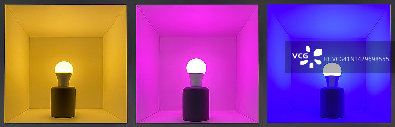 展示盒内点亮的三色LED灯泡图片素材