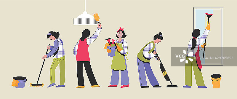 女人用拖把和吸尘器清洗地板，擦拭窗户，清洁家具灰尘。清洁公司的女工。清洁服务概念图片素材