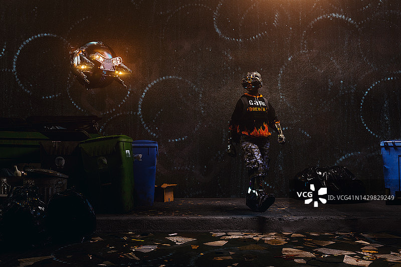 未来赛博朋克少年与街道监控无人机图片素材