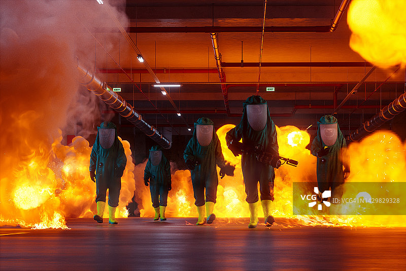 燃烧的地下车库中的危险品小组图片素材