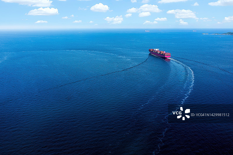 无人机航拍集装箱货轮的物流运输，船厂起重机桥正在工作，物流进出口和运输业背景图片素材