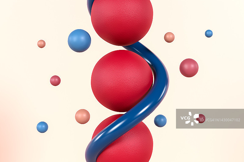 蓝色螺旋中小球中的红色球体3D渲染图片素材