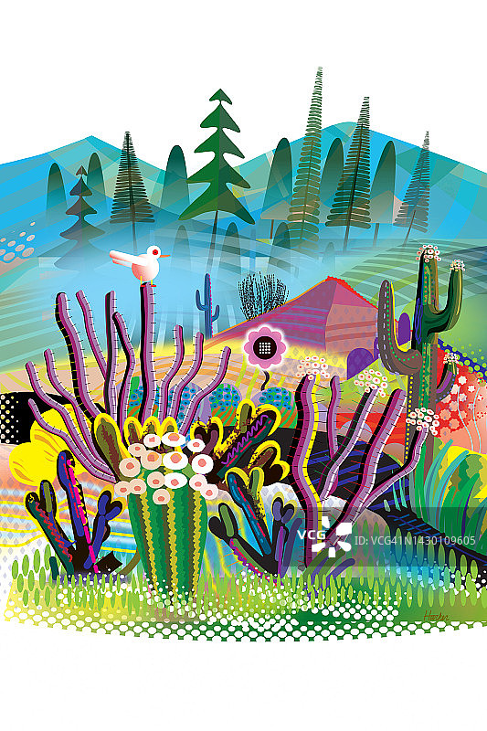 仙人柱、奥科蒂洛和开花仙人掌花园的 vibrant 景观，背景是松树和山脉。栖息在树枝上的白鸟的数字插图图片素材
