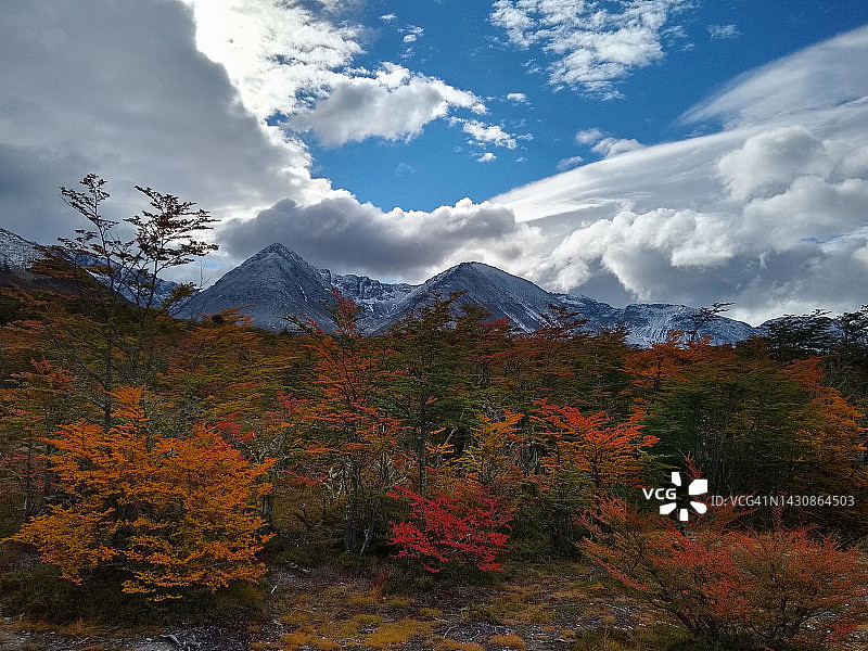 秋季阿根廷巴塔哥尼亚乌斯怀亚的雪山图片素材