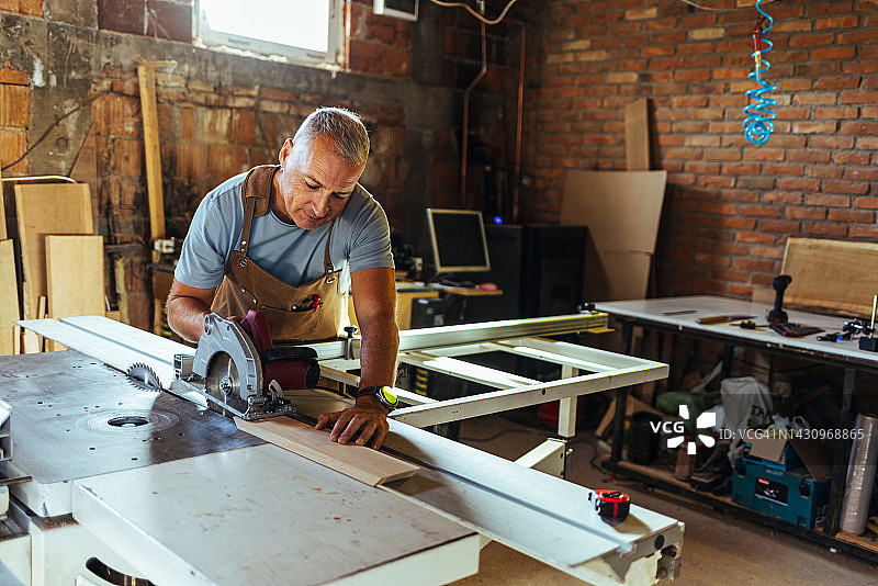 木匠使用圆锯切割木材图片素材