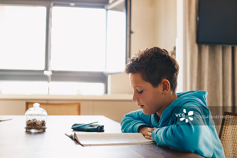 男孩做学校作业或家庭作业图片素材