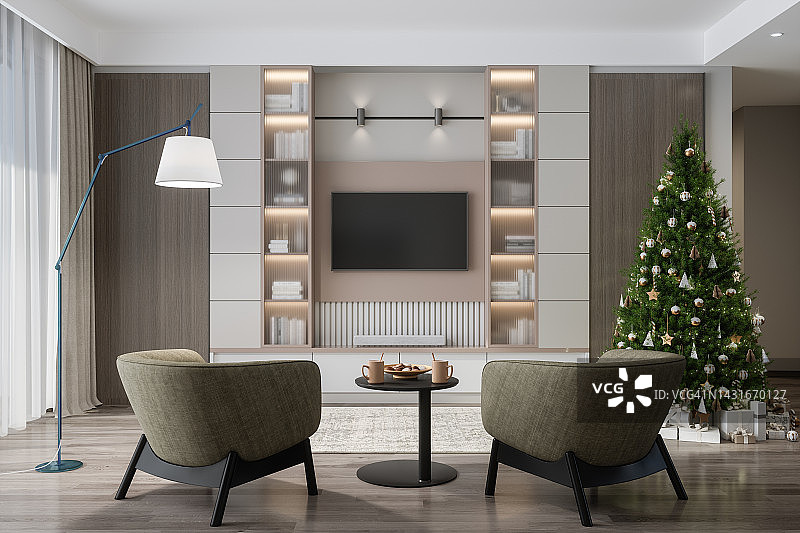 带空白屏幕的智能电视样机，现代客厅配有圣诞树、礼品盒和扶手椅图片素材
