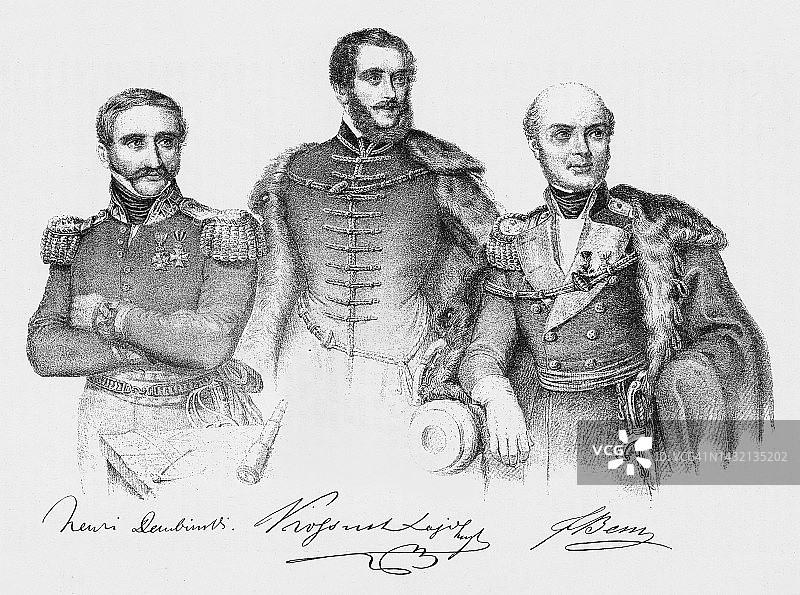 拉约什·科苏特与波兰将军约瑟夫·贝姆和亨里克·登宾斯基的肖像图片素材