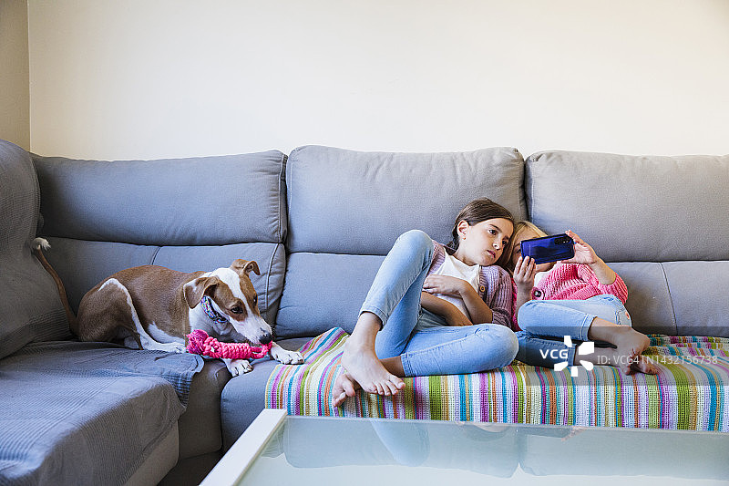 姐妹俩和她们的狗在沙发上看手机图片素材