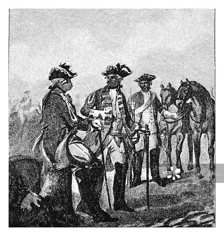 七年战争期间的普鲁士步兵古老雕刻插图图片素材