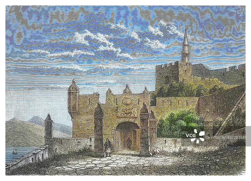 希腊伯罗奔尼撒科龙要塞的威尼斯大门古老雕刻插图图片素材