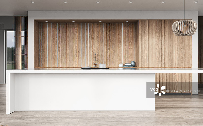 带矩形花岗岩早餐厨房岛的现代白色厨房图片素材