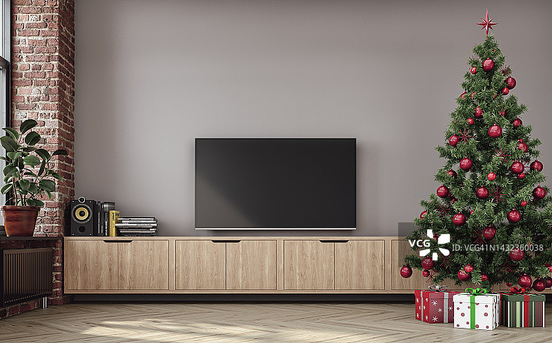 怀旧的复古客厅，电视柜前是灰色石膏墙和部分破损的砖墙，以及圣诞装饰品图片素材