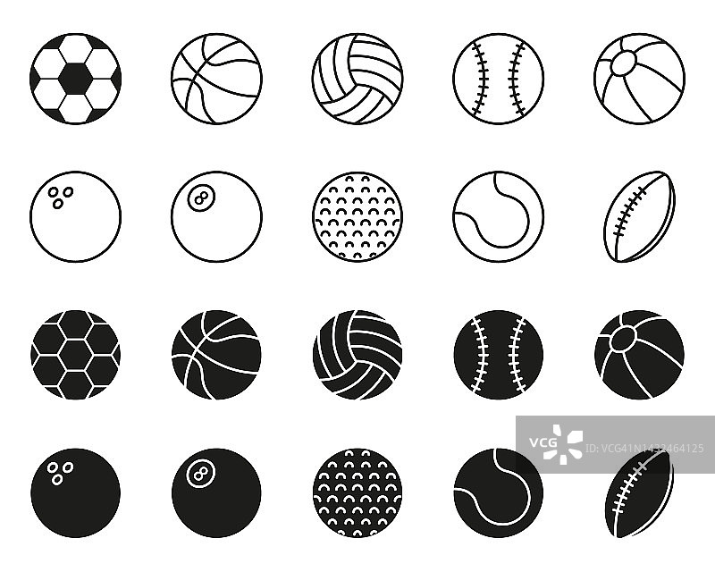 篮球、棒球、网球、橄榄球、足球等运动球类图标合集图片素材