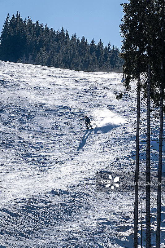 滑雪者在中等难度滑雪区壮观的下滑，2023年冬季运动图片素材