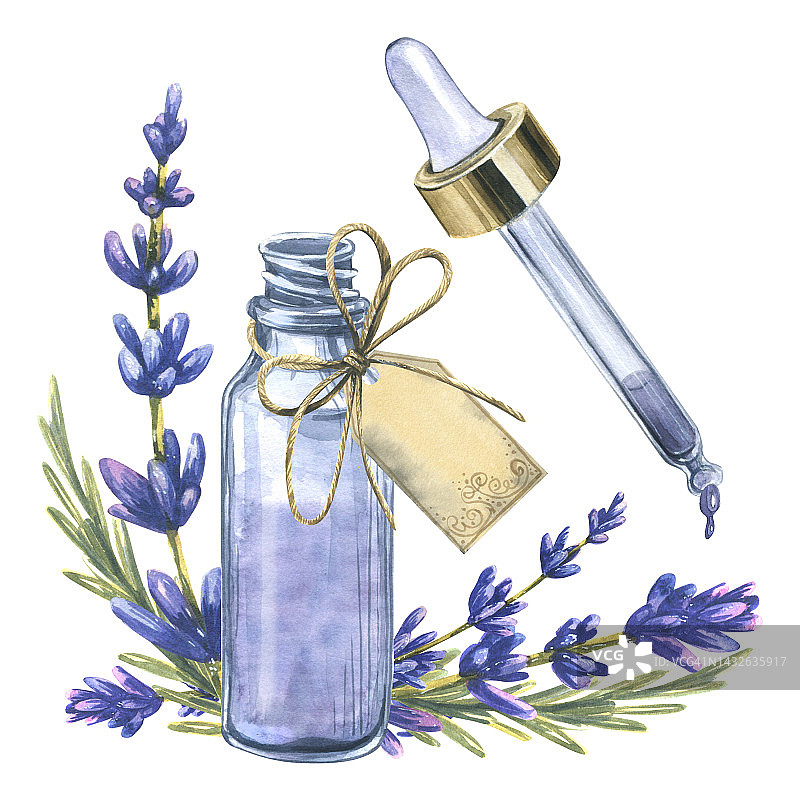 薰衣草精油瓶：滴管、标签与麻绳蝴蝶结图片素材