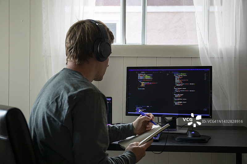 年轻男人在编码和开发网站时使用多个电脑屏幕图片素材