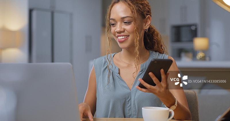 居家办公的女人：自由职业者和企业家通过电话、笔记本电脑进行远程规划。微笑、快乐的年轻女性阅读电子邮件，使用互联网技术和网络进行创业管理图片素材