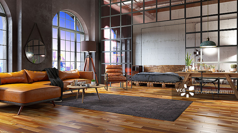 工业风客厅：扶手椅、转角沙发和砖墙图片素材