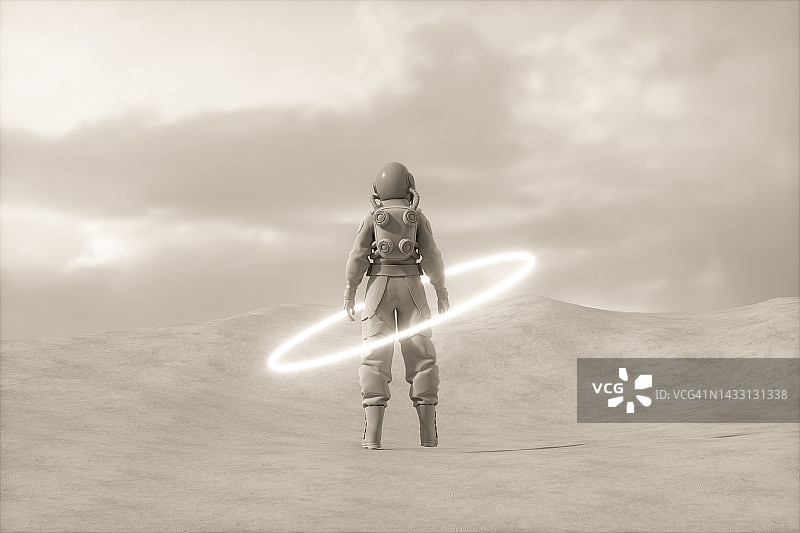 宇航员站在另一颗星球的霓虹灯圈中图片素材