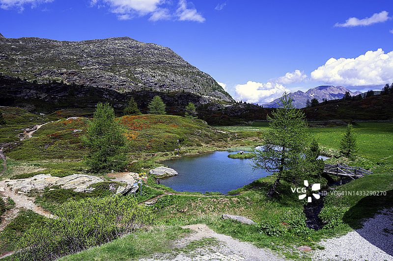 辛普隆山口带徒步小径的小湖图片素材