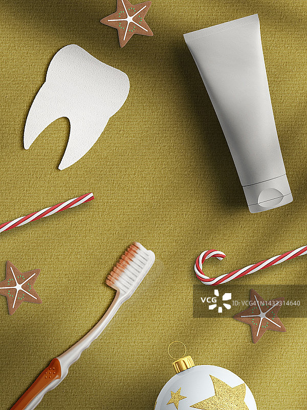 纸质牙膏、牙刷模型：牙齿健康概念，牙医日概念图片素材