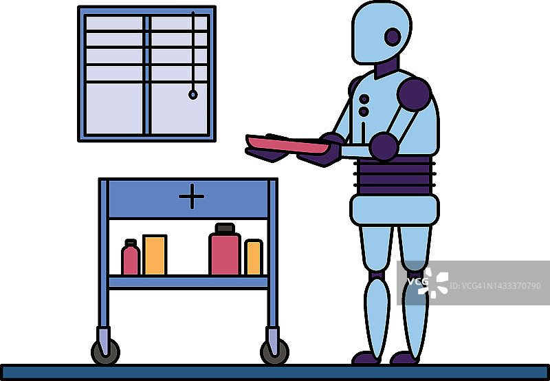 供应配送机器人概念设计，协作机器人矢量彩色图标设计，机器人医疗符号，医疗保健场景标志，现代诊所创新人工智能工作股票插图图片素材