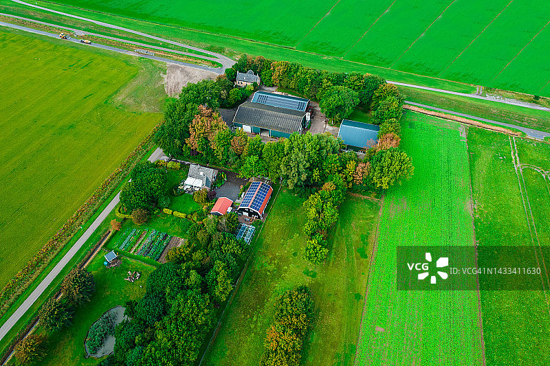 荷兰绿色田野环绕下的生态农场与太阳能板图片素材
