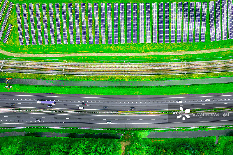 俯视：西欧高速公路旁的可持续发展乡村太阳能发电场图片素材