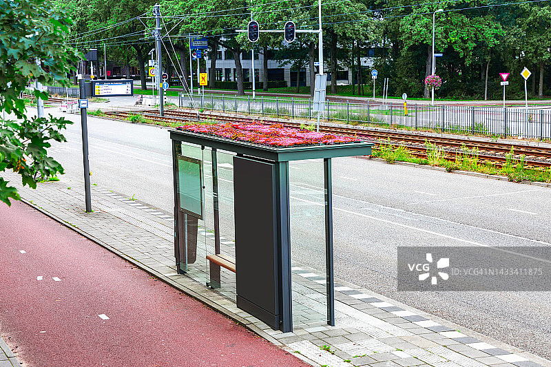 荷兰街头的绿色屋顶鲜花公交车站图片素材